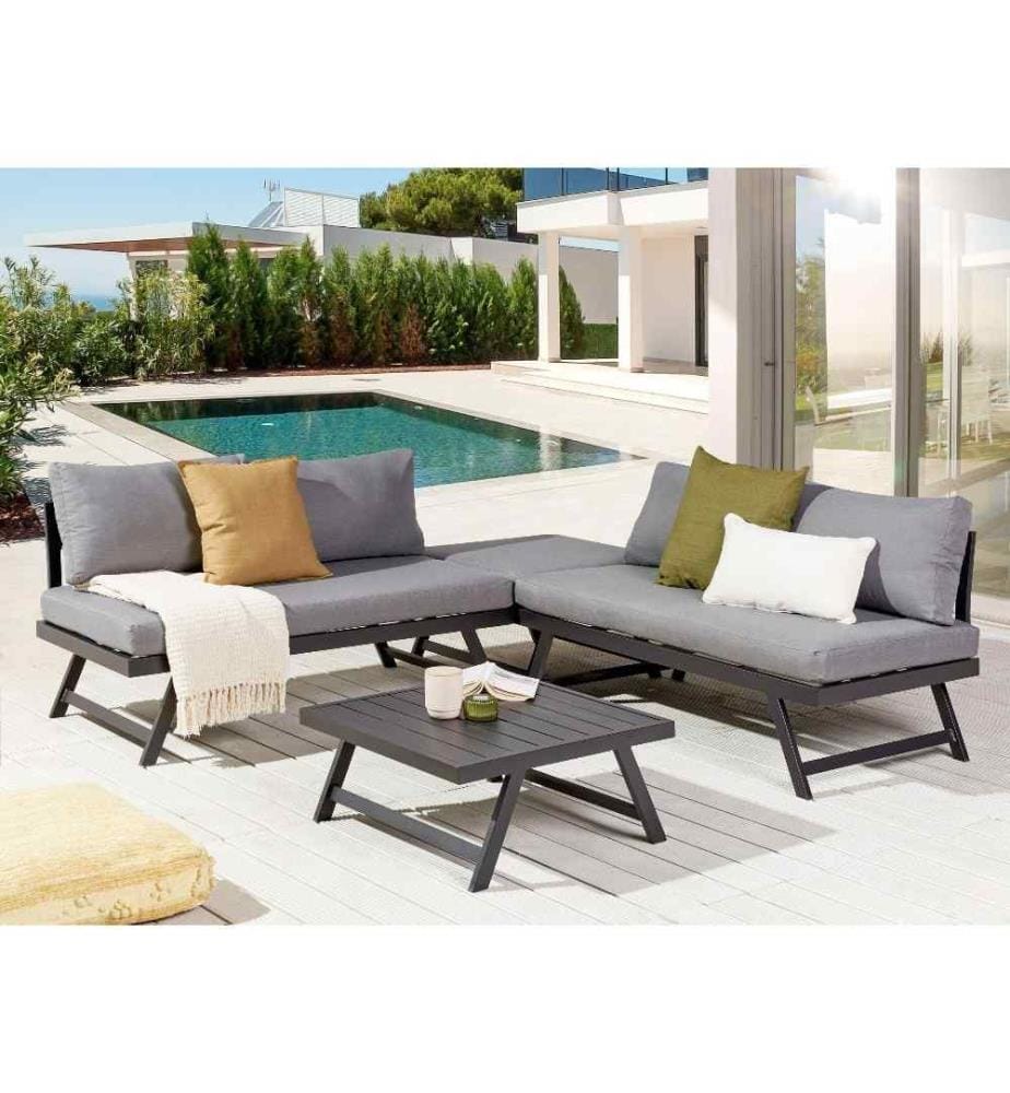 Salon de Jardin Gris en Aluminium 5 Places Canapé Modulable et Table Basse Assortie avec Coussins Taupe Siège Relevable et Design Moderne