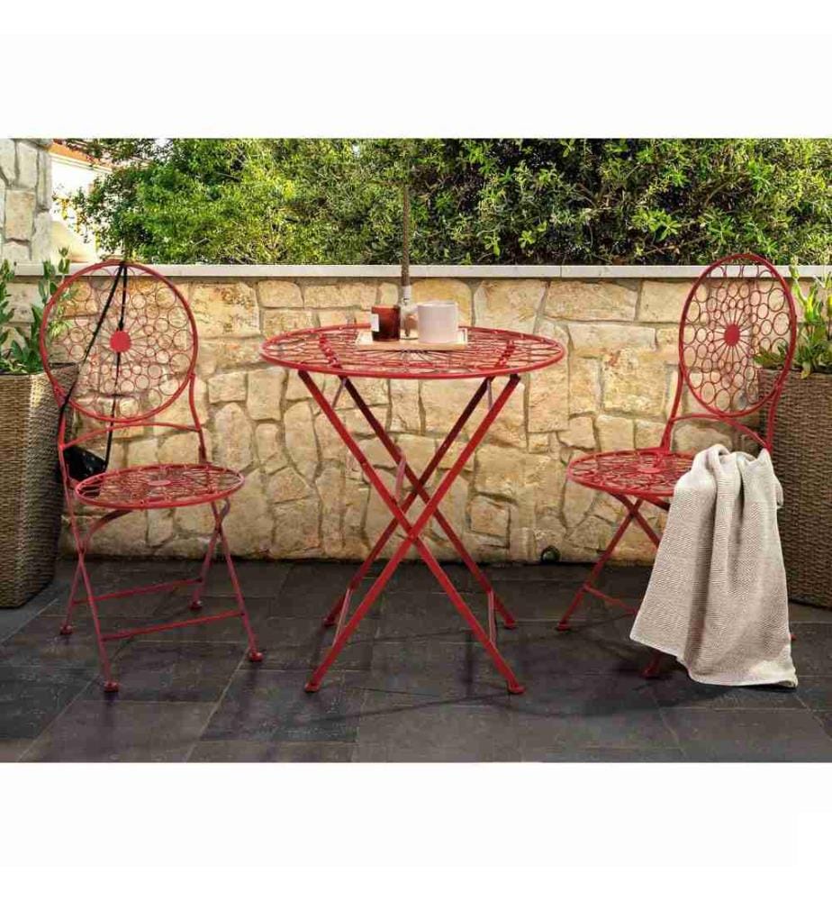 Ensemble de Bistrot Rouge en Métal Revêtu de Poudre Résistant aux UV Table et 2 Chaises Pliables de Style Rétro Compact Balcon Terrasse Jardin