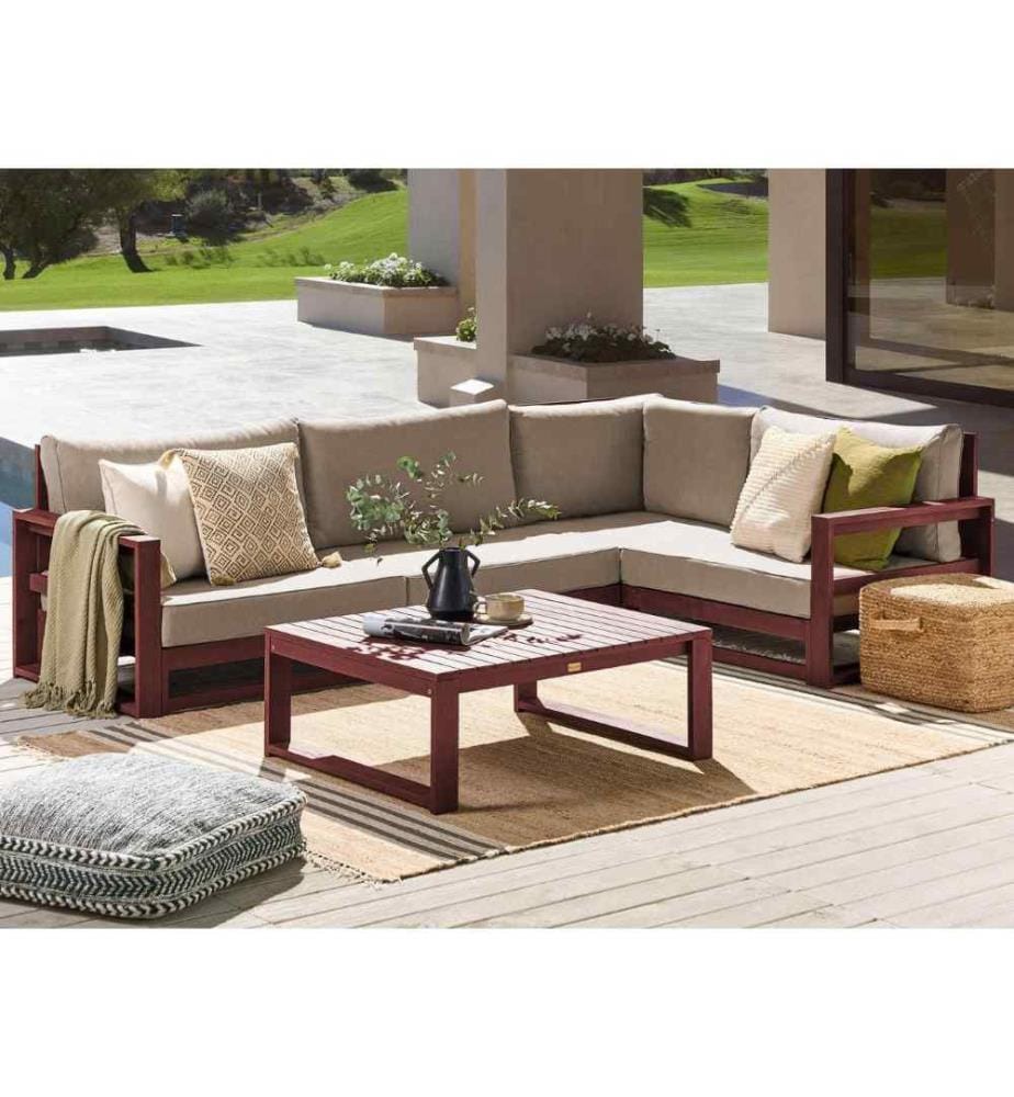 Salon de Jardin Acajou et Taupe en Bois d'Acacia Table Basse et Canapé d'Angle Confort d'Assise Optimal avec Coussins