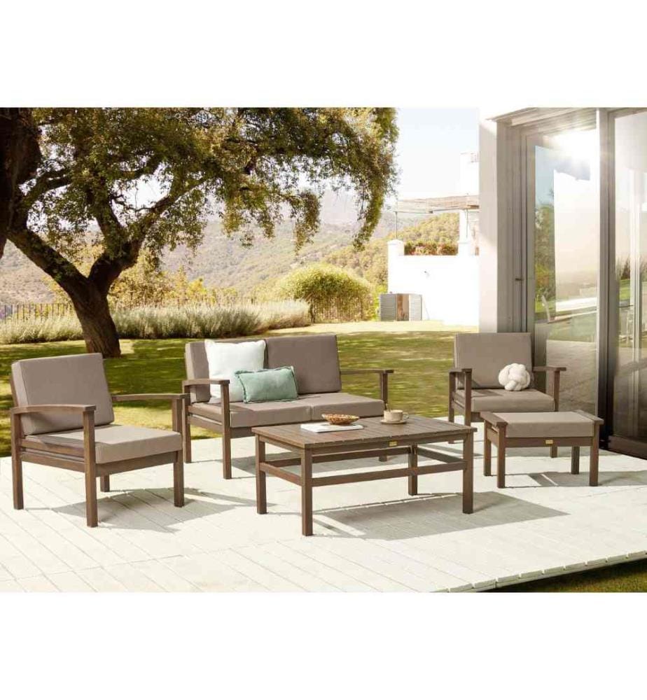 Ensemble de Jardin ou Terrasse Table Basse 2 Fauteuils Canapé et Ottoman en Bois d'Acacia avec Coussins Taupe Design Moderne et Durable