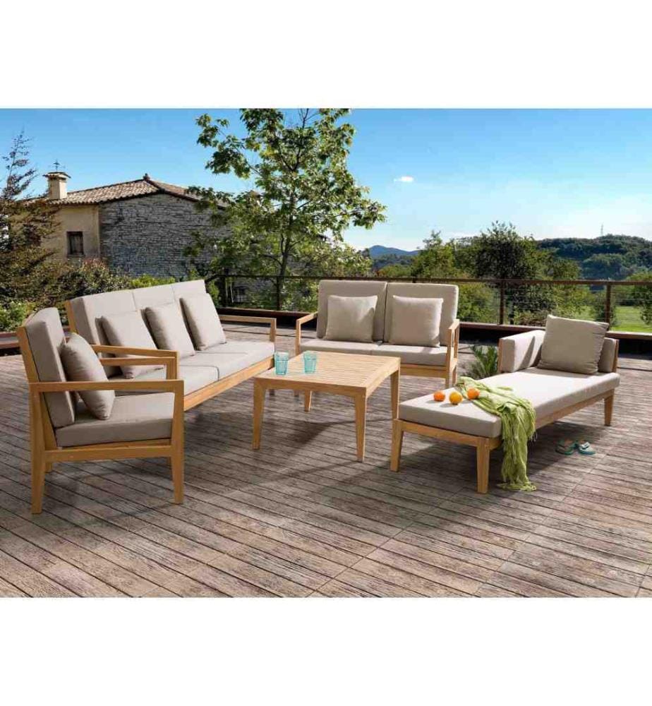 Ensemble de Jardin ou Terrasse Table Basse 2 Canapés Fauteuil et Chaise Longue en Bois d'Acacia Robuste avec Coussins Gris Beiges