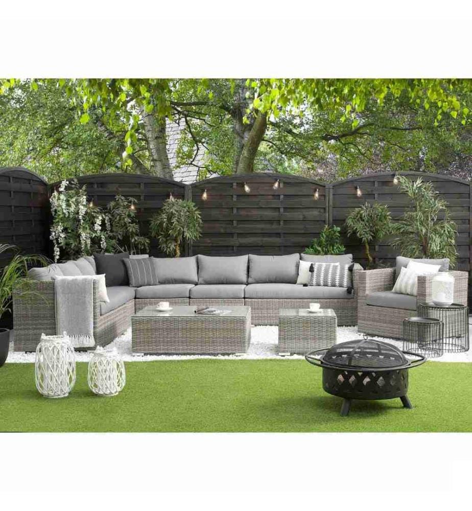 Salon de Jardin 8 Places en Rotin Gris avec Fauteuil Canapé d'Angle et 2 Tables Basses Assorties Design Moderne