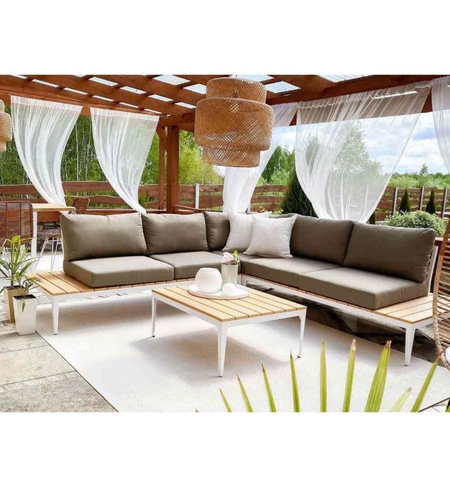 Salon de Jardin ou Terrasse Table Basse et Canapé d'Angle en Aluminium Robuste Effet Bois Clair avec Coussins Gris Beiges Design Ultra Moderne