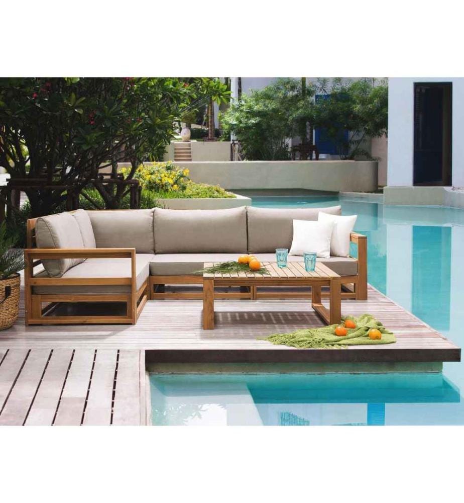 Ensemble de Jardin ou Terrasse Table Basse et Canapé d'Angle en Bois d'Acacia Design Moderne et Confort d'Assise Optimal
