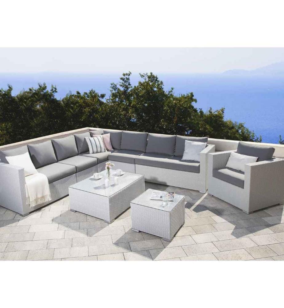 Grand Salon de Jardin 8 Places en Rotin Blanc avec Coussins Gris Fauteuil Canapé d'Angle et 2 Tables Basses Assorties Design Moderne