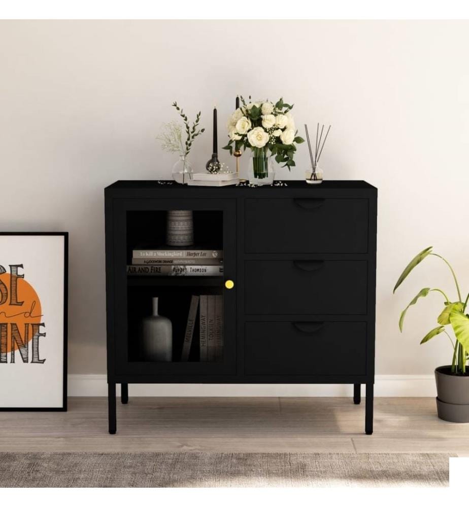 Buffet Noir 75x35x70 cm Acier et verre trempé