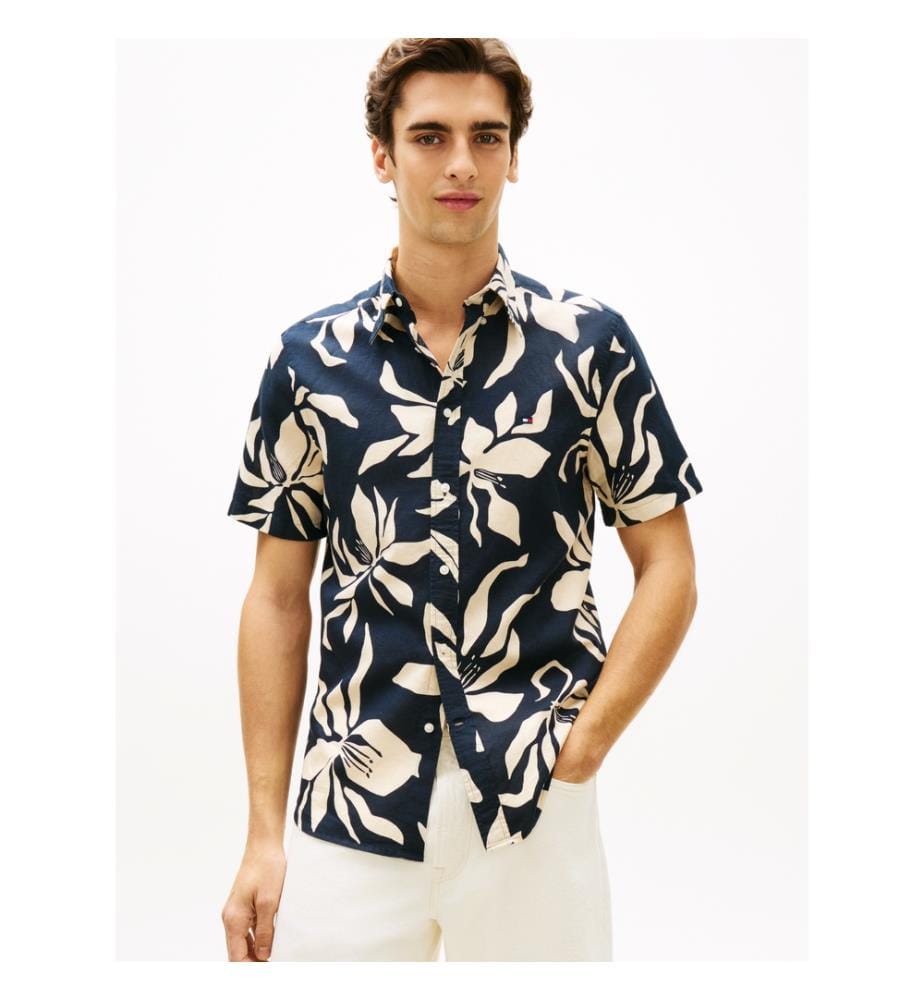 Chemise à imprimé floral en lin mélangé - Bleu foncé
