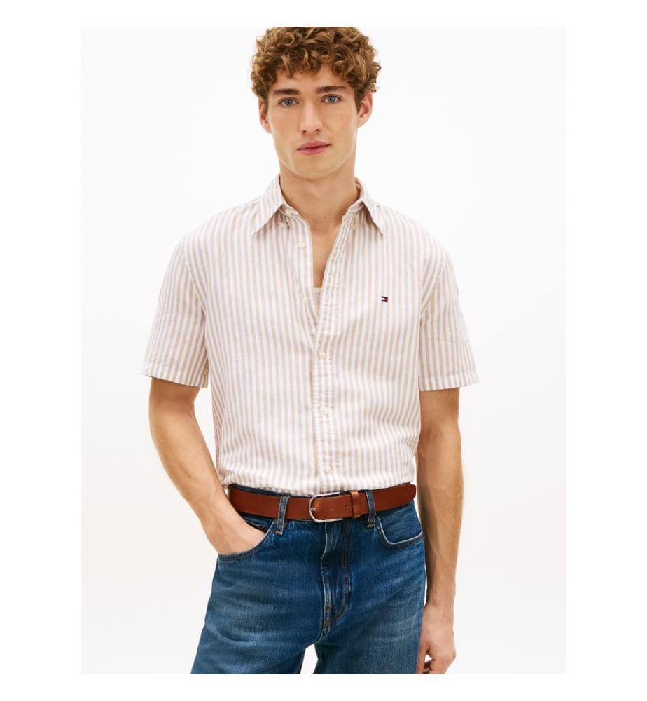 Chemise en lin mélangé rayure Bengal à manches courtes - Beige