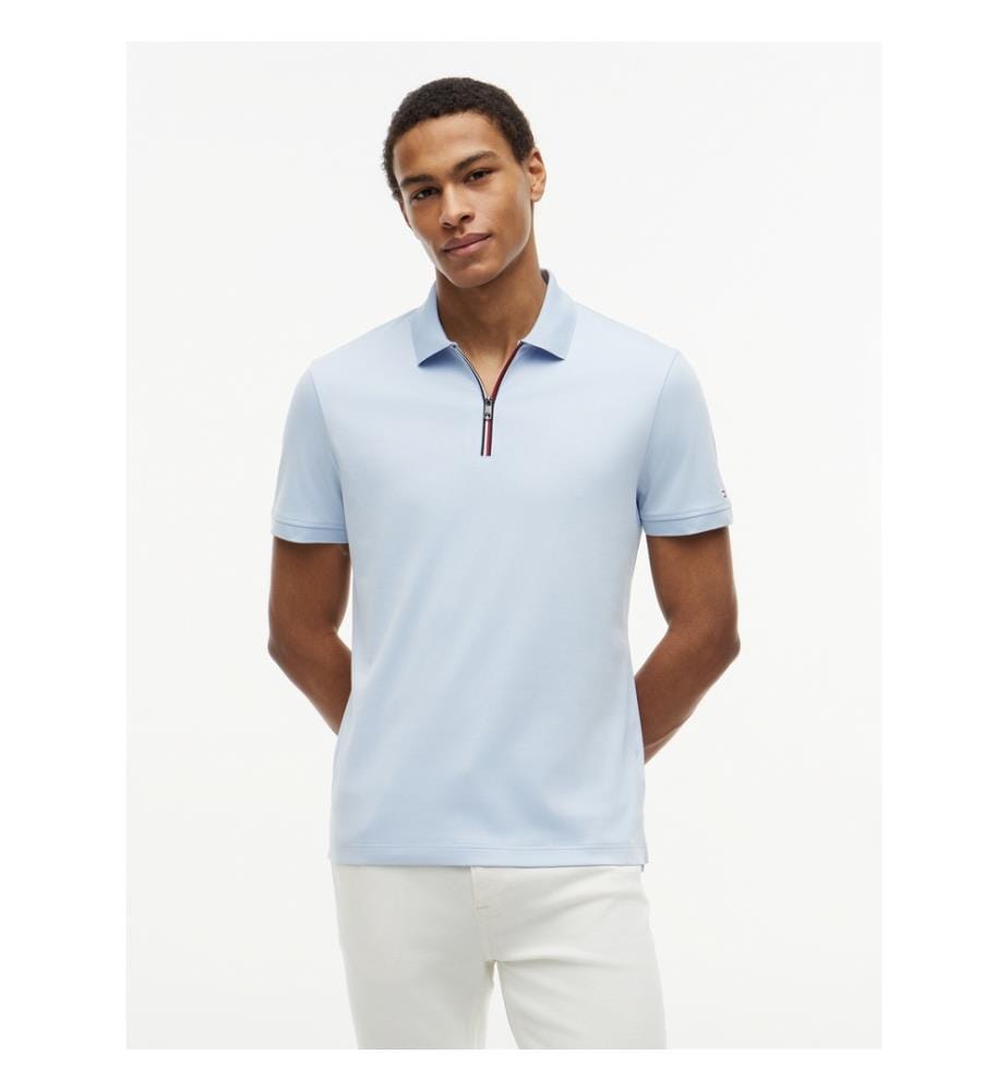Polo zippé Regular Fit en coton lisse - Bleu