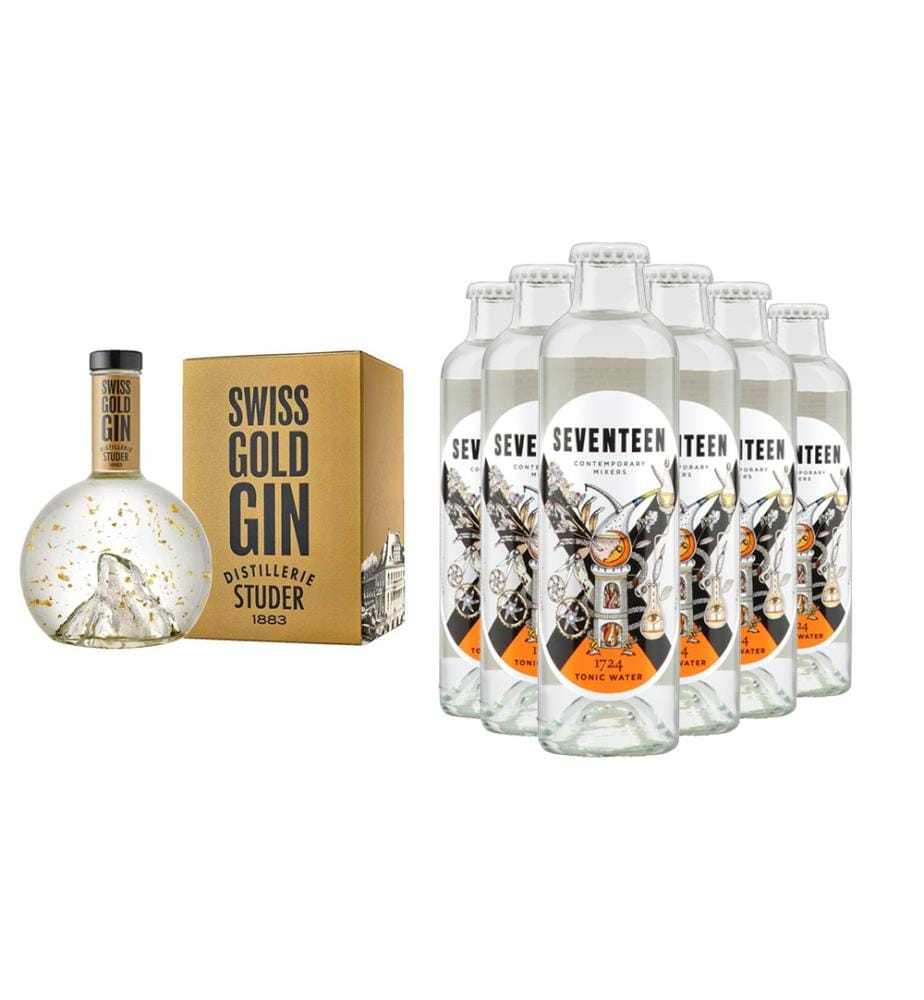 Studer Swiss Gold Gin avec des paillettes d'or 24 carats + 6x 1724 Tonic Water - 1 x 70 cl + 6 x 20 cl