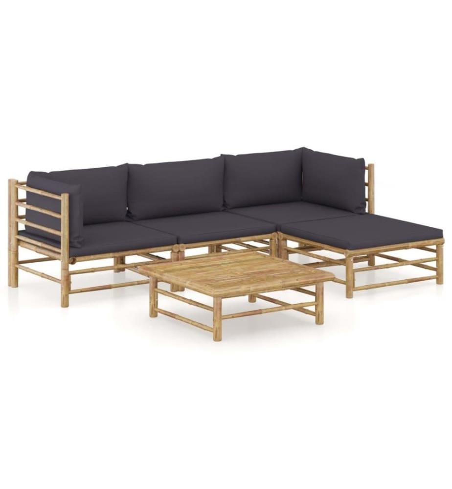 Salon de jardin 5 pcs avec coussins gris foncé Bambou