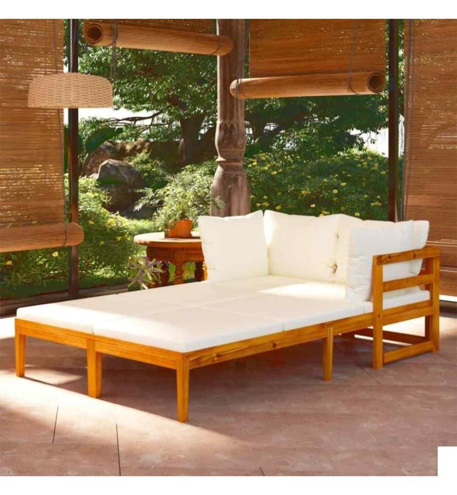 Chaises longues avec coussins blanc crème 2 pcs Acacia solide