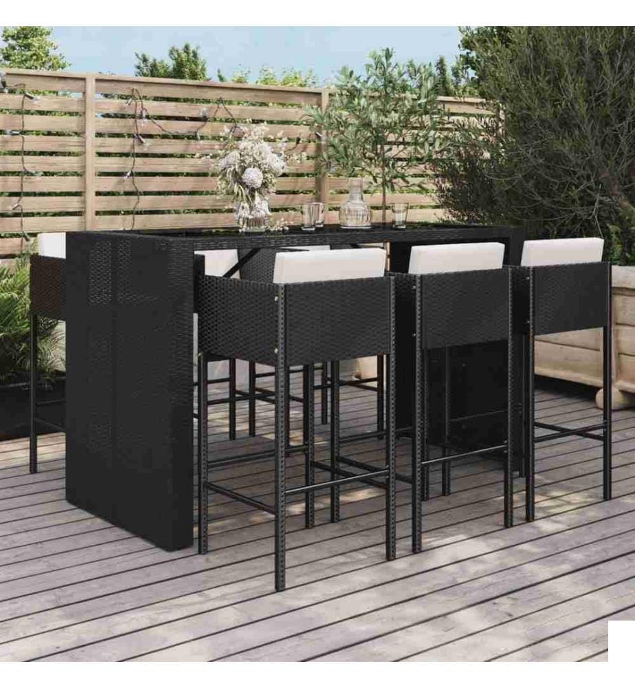 Ensemble de bar de jardin 7 pcs avec coussins noir poly rotin