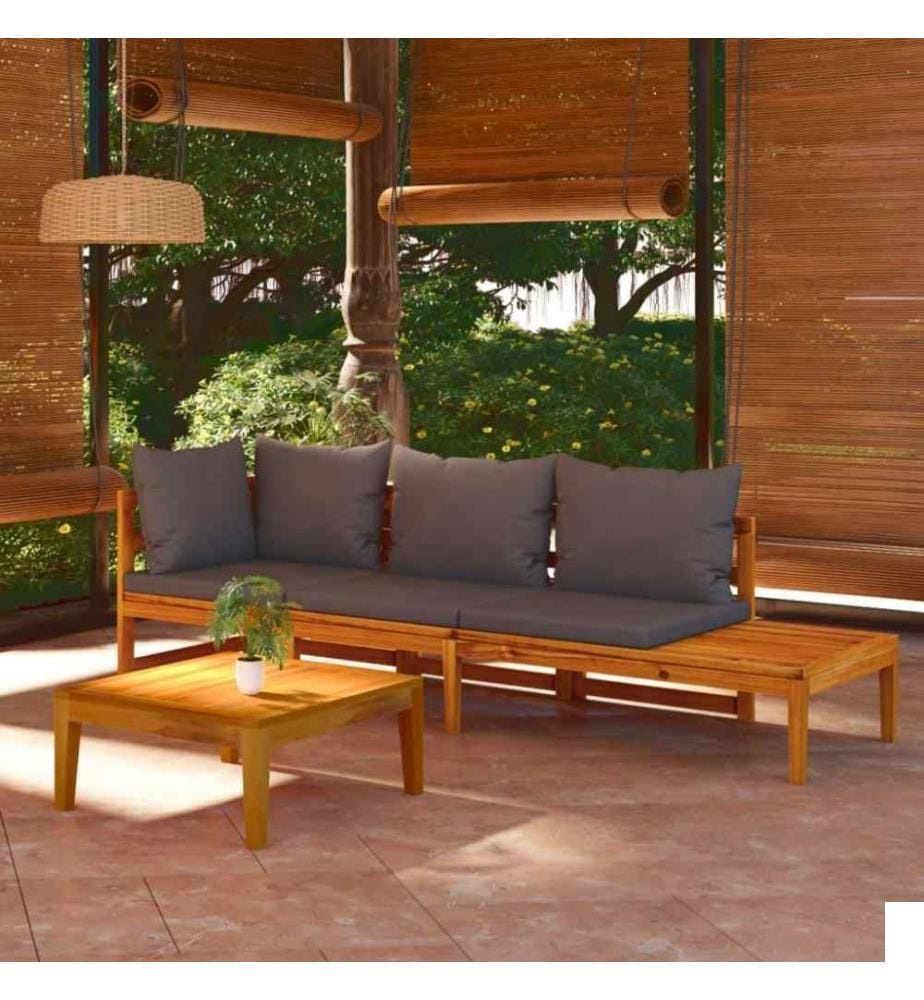 Salon de jardin 3 pcs avec coussins gris foncé Bois d'acacia