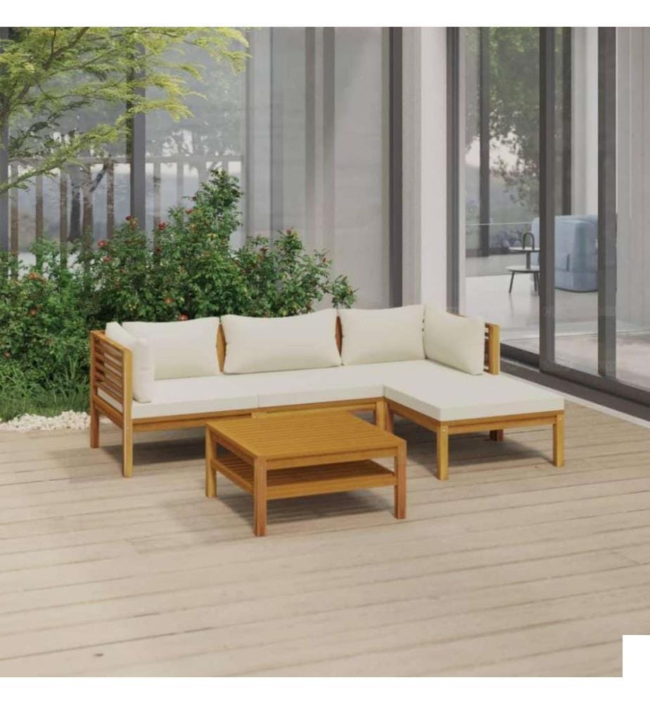 Salon de jardin 5 pcs avec coussin crème Bois d'acacia solide