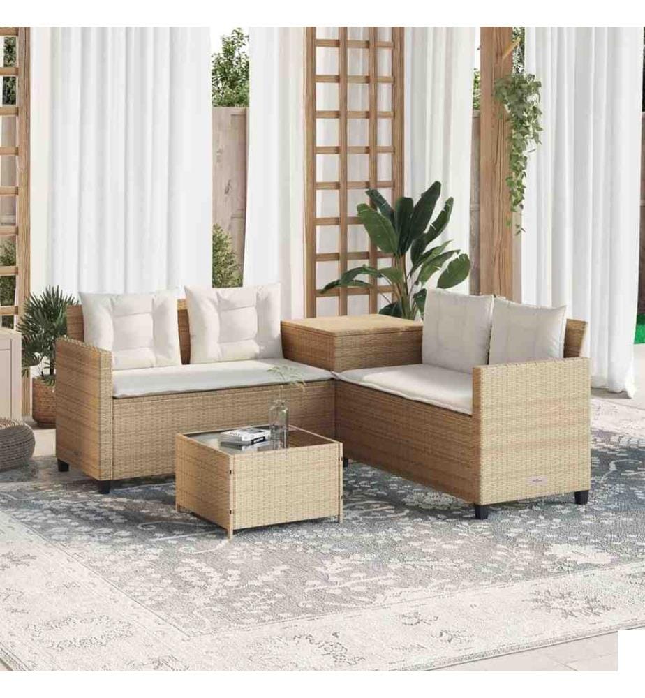 Canapé de jardin avec table et coussins en forme de L beige