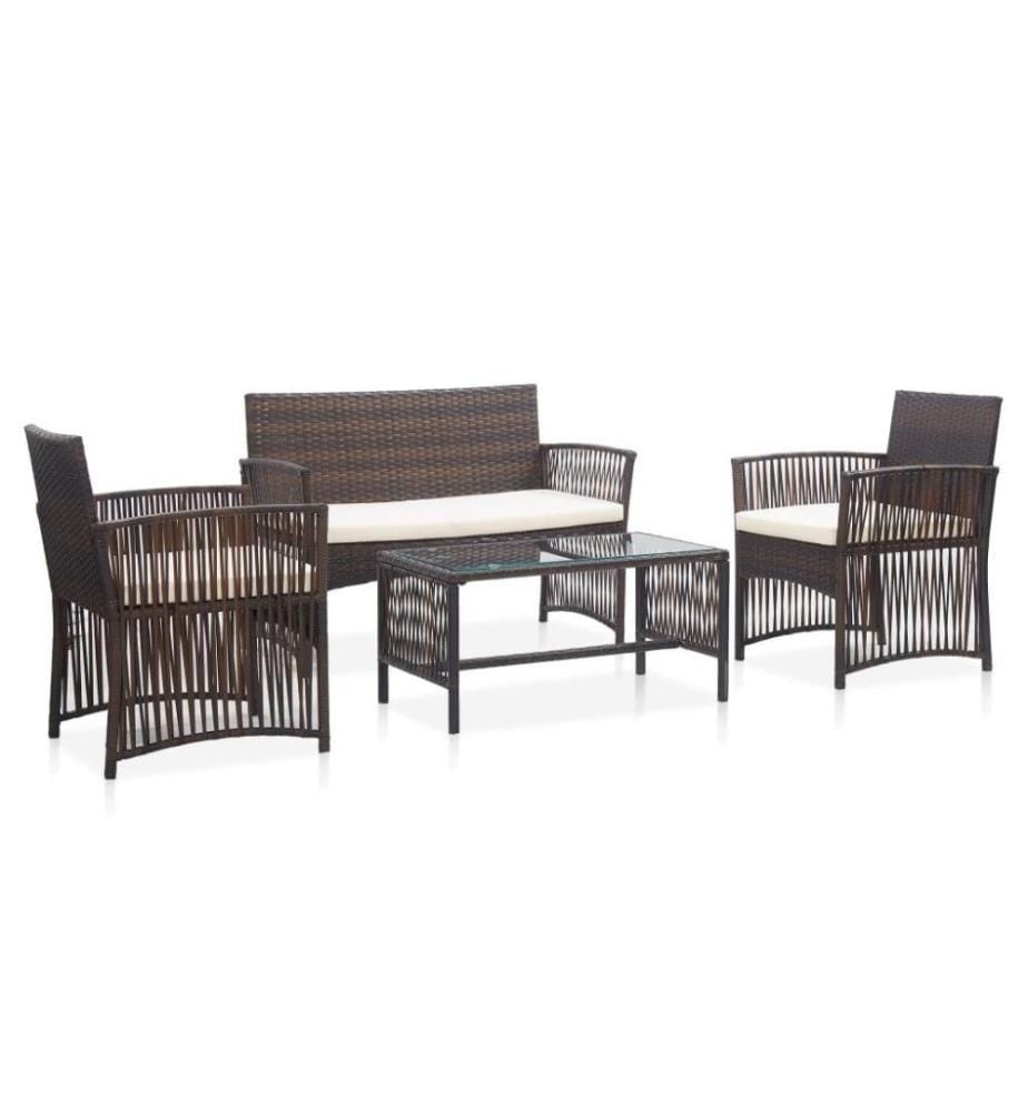 Salon de jardin 4 pcs avec coussins Résine tressée Marron