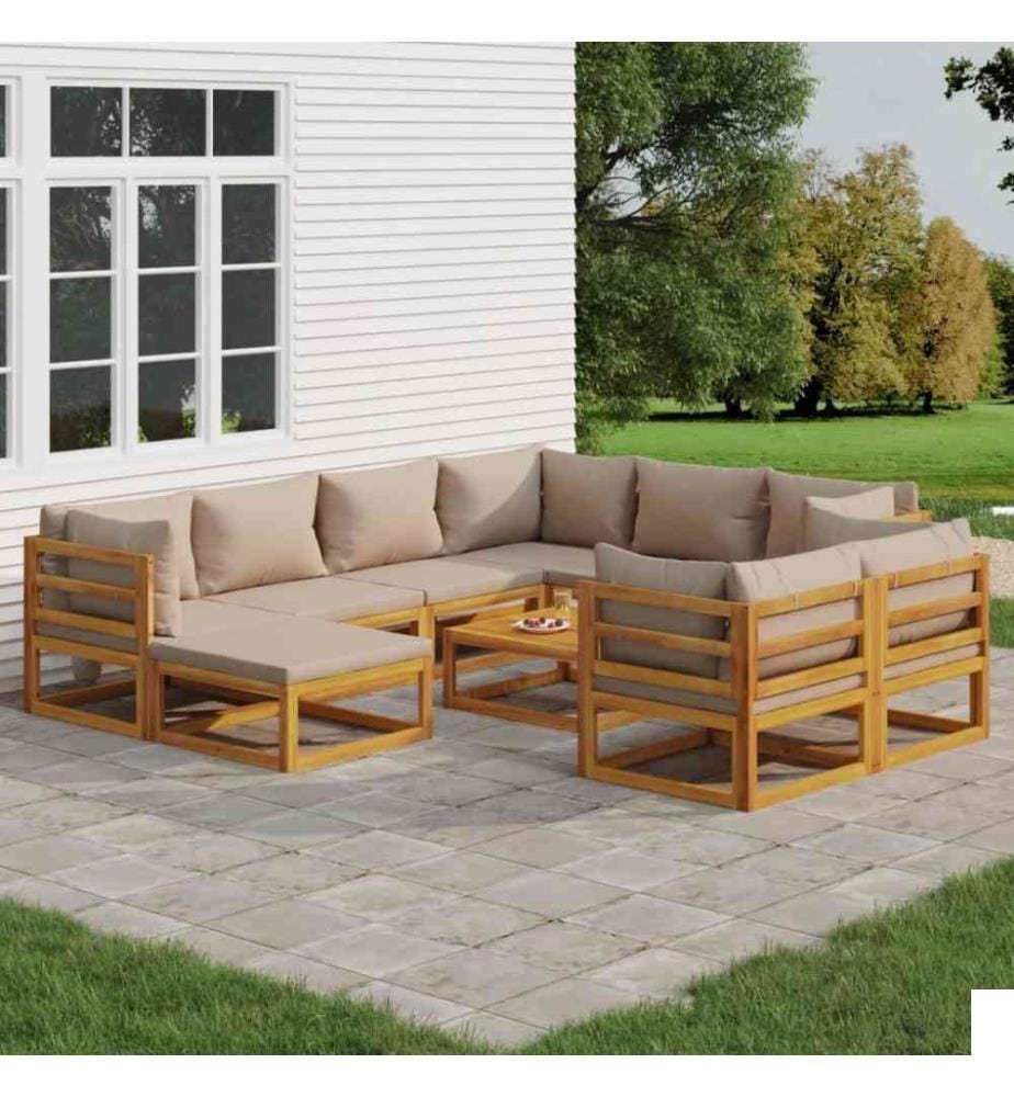 Salon de jardin 10 pcs avec coussins taupe bois massif