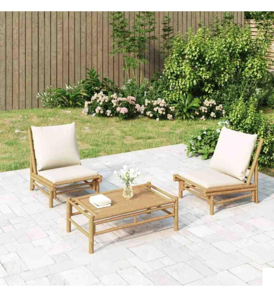 Salon de jardin 3 pcs avec coussins blanc crème bambou
