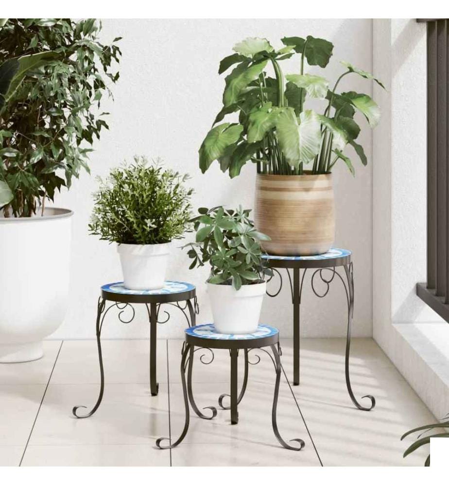 Supports pour plantes 3 pcs bleu et blanc céramique