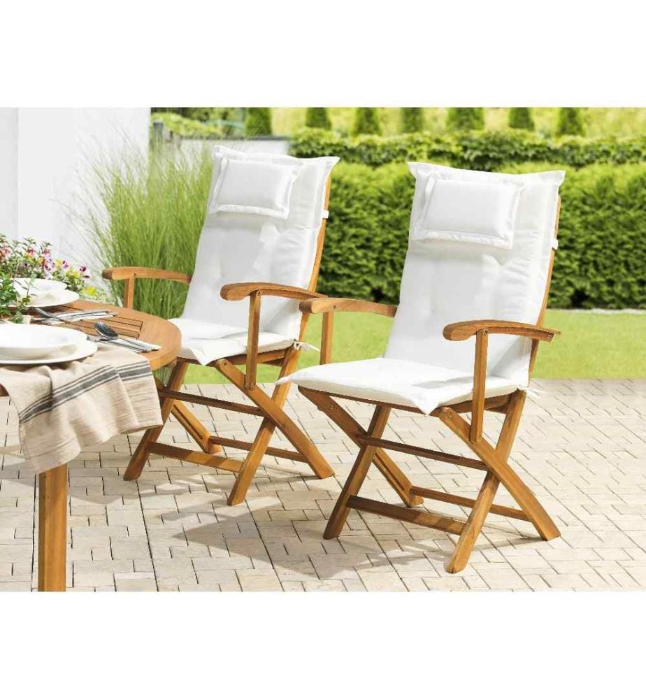 Lot 2 Chaises de Jardin Pliables en Bois d'Acacia avec Coussins d'Assise Beige Confort et Design pour Terrasse au Style Campagne