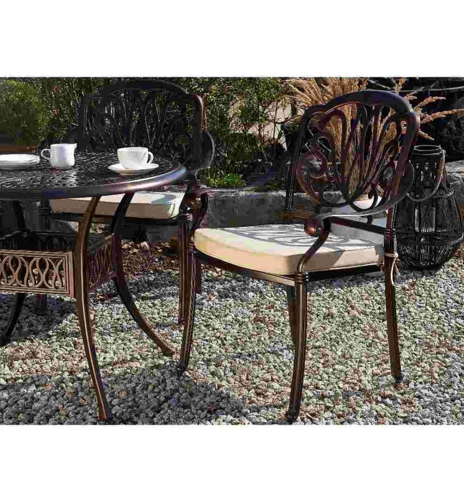 Lot 4 Chaises de Jardin en Aluminium Marron Cuivré Effet Vieilli avec Coussins Beiges Design Vintage Rétro Idéales pour Extérieurs Classiques