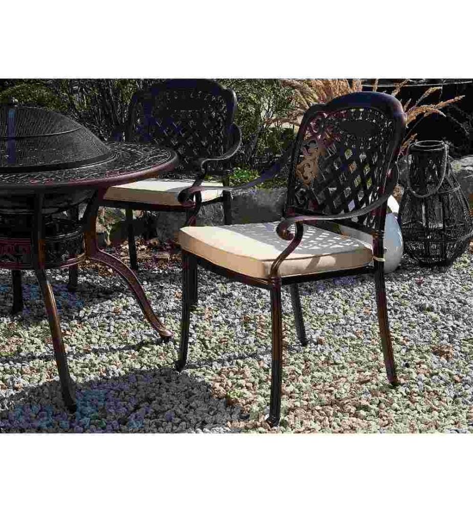 Lot 4 Chaises de Jardin en Aluminium Marron Cuivré Vieilli avec Coussins Beiges Design Vintage Rétro Idéales pour Extérieurs Traditionnels