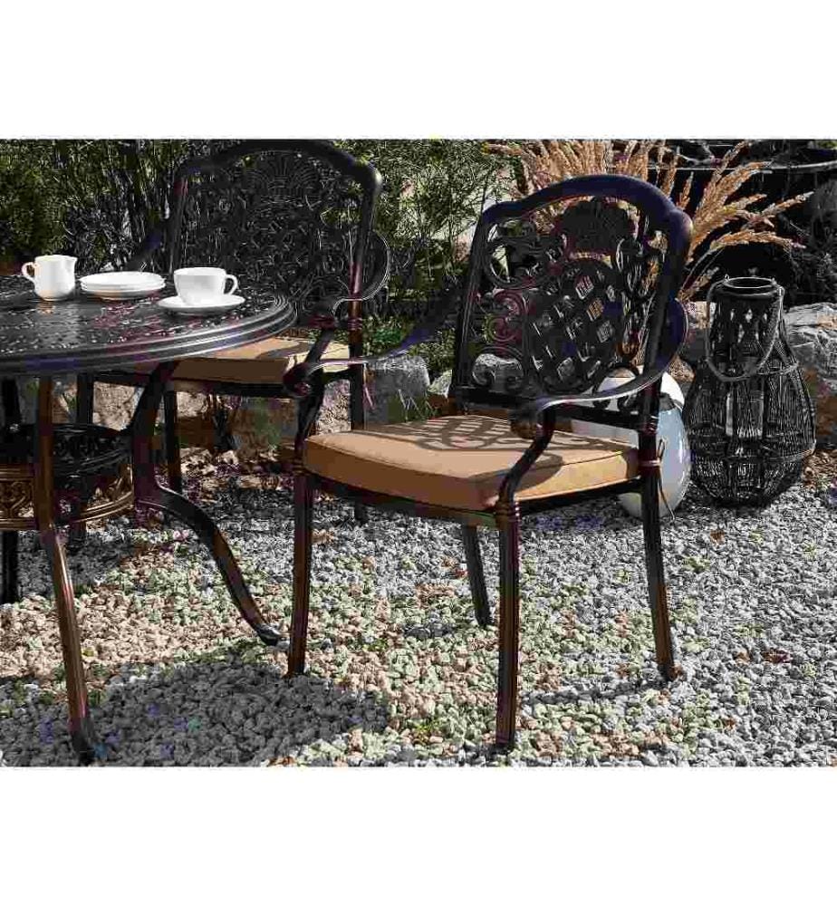 Lot 4 Chaises de Jardin en Aluminium Marron Cuivré Aspect Vieilli avec Coussins Beiges Design Vintage Rétro pour Extérieurs Romantiques