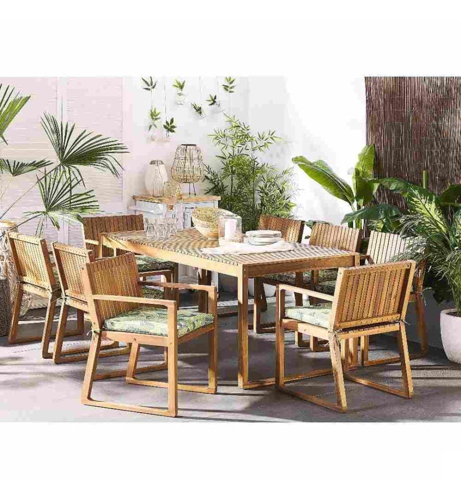 8 Chaises de Jardin ou Terrasse en Bois d'Acacia Résistant avec Coussins Verts et Beiges Matières Durables Confort d'Assise Optimal