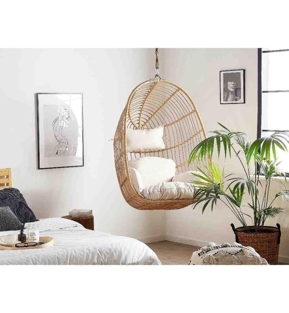 Fauteuil Suspendu en Rotin Beige avec Coussin Assorti Très Confortable pour Intérieur et Extérieur au Style Bohème