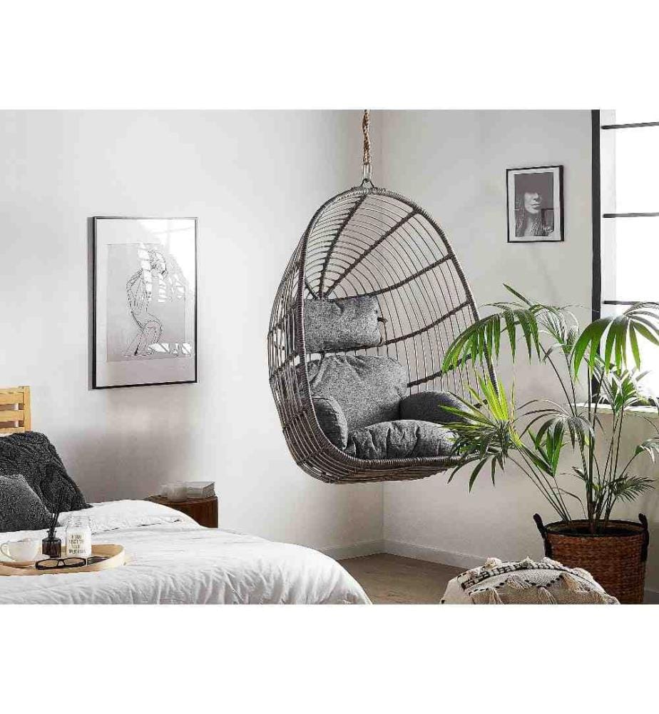 Fauteuil Suspendu en Rotin Gris avec Coussin Assorti Très Confortable pour Intérieur et Extérieur au Style Bohème
