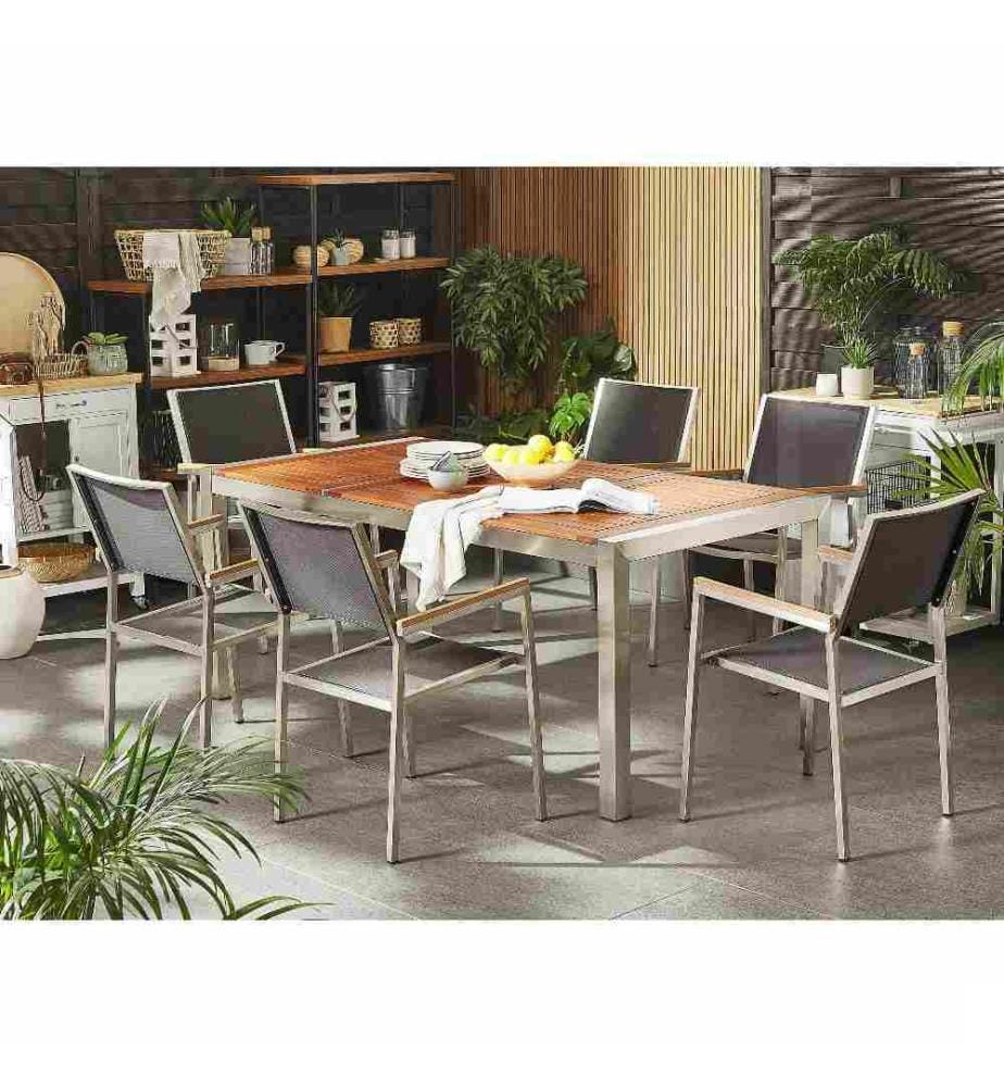 Table de Jardin 180 x 90 cm avec Plateau en Bois d'Eucalyptus et Structure en Acier Inox Design Moderne et Contemporain