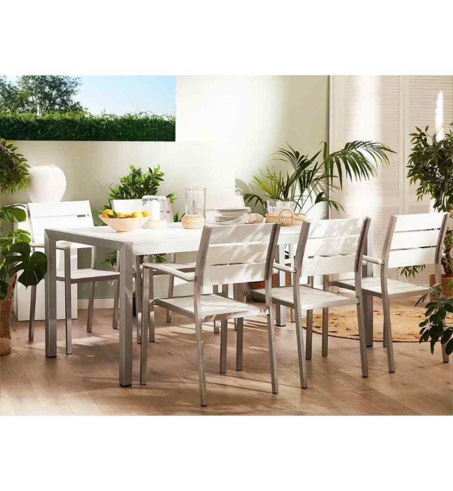 Lot 6 Chaises de Jardin en Aluminium Argenté avec Assise Blanche Design Universel Intemporel et Matières Résistantes pour Terrasse Moderne