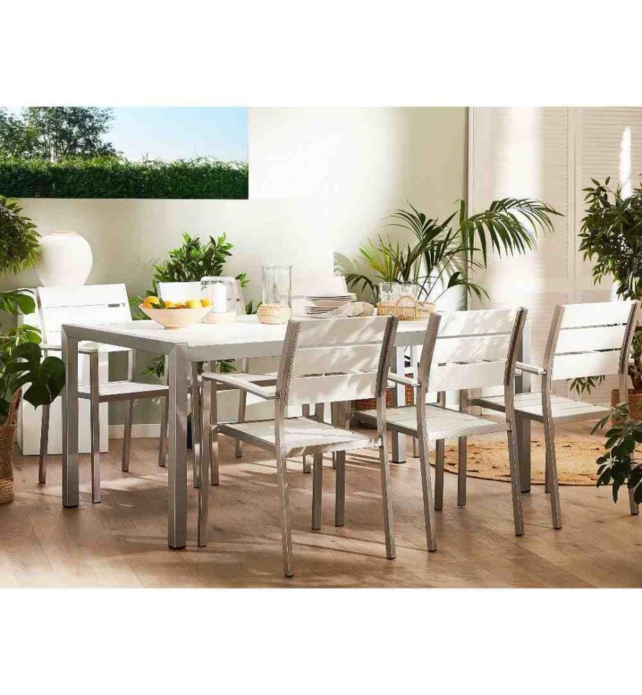 Table de Jardin Blanche 180 x 90 cm 6 Places en Bois Synthétique et Aluminium Argenté Idéal pour Terrasse et Extérieur Moderne