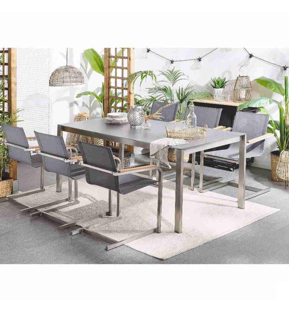 Lot de 6 Chaises de Jardin en Porte-à-faux en Acier Inox et Textile Gris Design Moderne Très Tendance pour Terrasse Balcon ou Patio