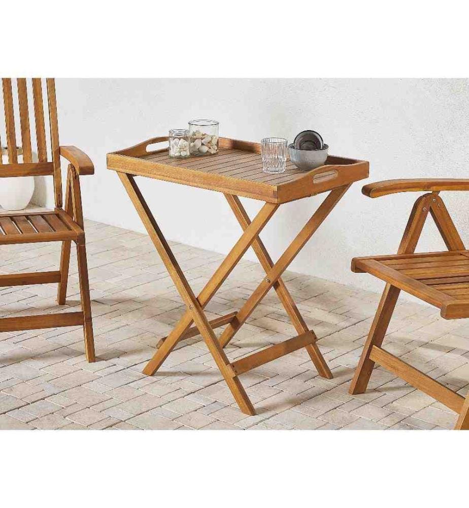 Petite Table de Jardin Bistrot Desserte avec Plateau Amovible en Bois d'Acacia Clair pour Balcon ou Terrasse au Style Traditionnel et Toscane