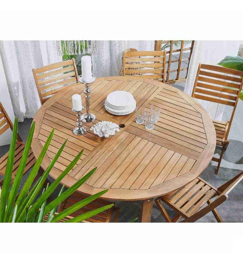 Table de Jardin Ronde 150 cm en Bois d'Acacia Clair Idéale pour Salle à Manger Extérieure au Style Rustique et Méditerranéen