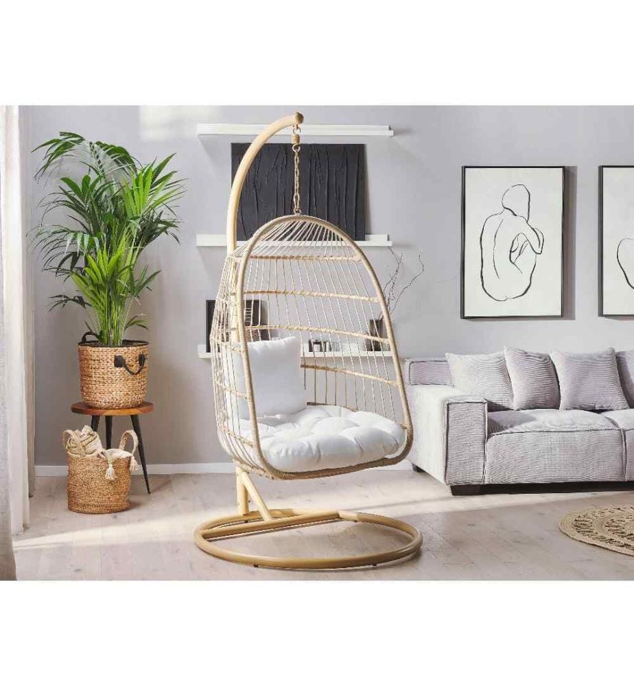 Fauteuil Suspendu Beige avec Coussin et Support Assortis en Métal et Polyester Très Confortable pour Extérieur au Style Bohème
