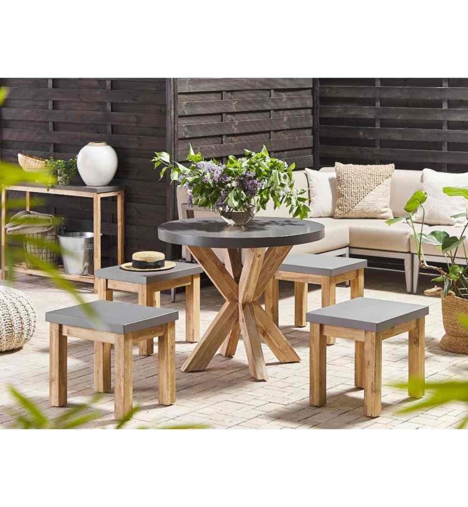 Table de Repas de Jardin Ronde 90 cm avec Plateau en Béton Résistant et Pieds en Bois Naturel Idéale pour Extérieur au Style Scandinave