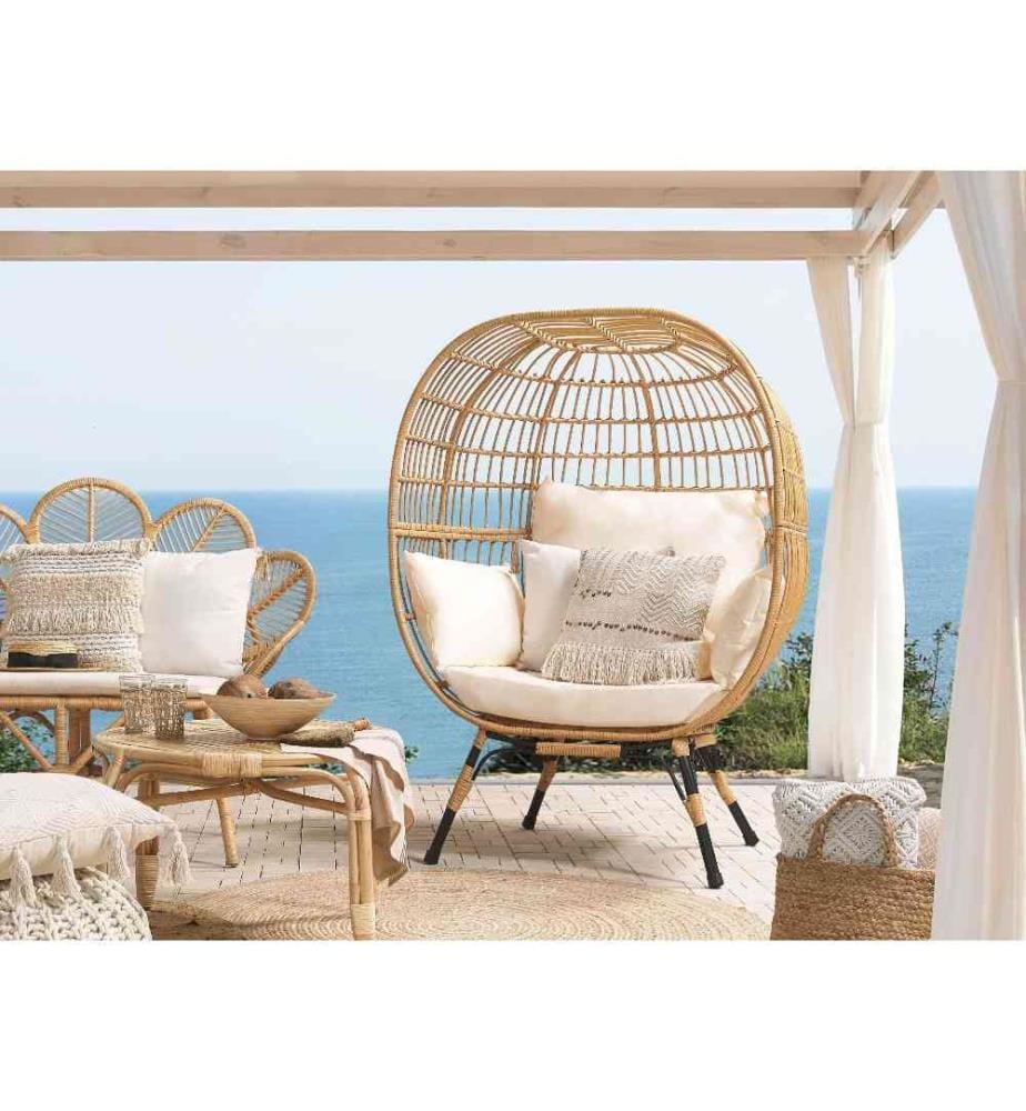 Fauteuil en Rotin Tressé pour Intérieur ou Extérieur avec Coussins Beiges Inclus Id(al pour Jardin ou Terrasse de Style Bohéme
