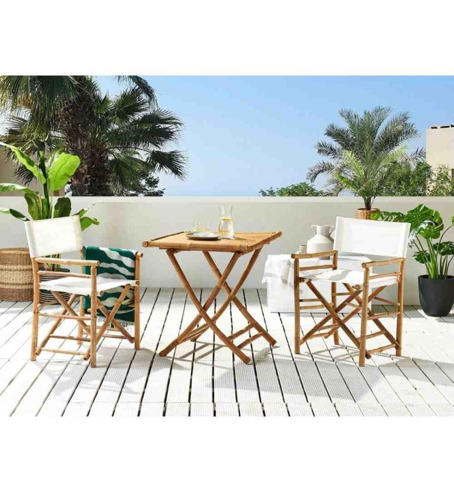 2 Chaises Fauteuils Metteur en Scène Pliantes en Bambou Naturel avec Accoudoirs et Assise Blanche Idéales pour Jardin Boho et Rétro