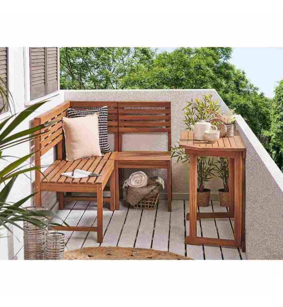 Banc d'Angle Bois Clair en Acacia Module de Petit Patio Résistant aux Conditions Climatiques Style Rustique Scandinave