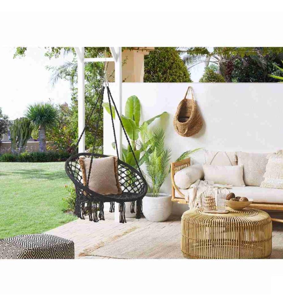 Chaise Balançoire Suspendue Boho Coton Macramé Noir Pour Intérieur Extérieur Détente Relaxation Gabella