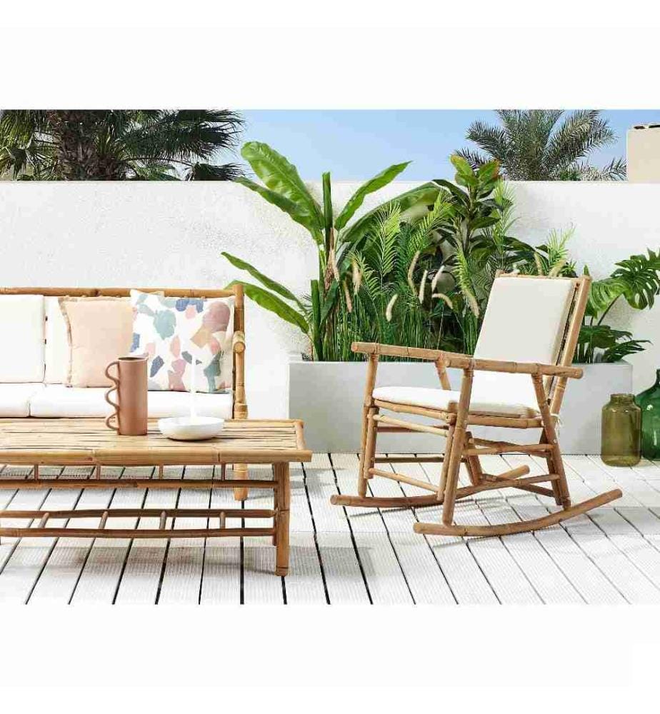 Chaise Berçante Bambou Bois Clair Coussins Blanc Cassé Polyester Jardin Patio Balcon Style Bohème