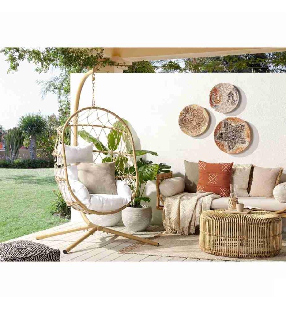 Chaise Suspendue en Forme Oeuf Beige avec Support et Coussin Accessoire Détente Salon Bohème Scandinave