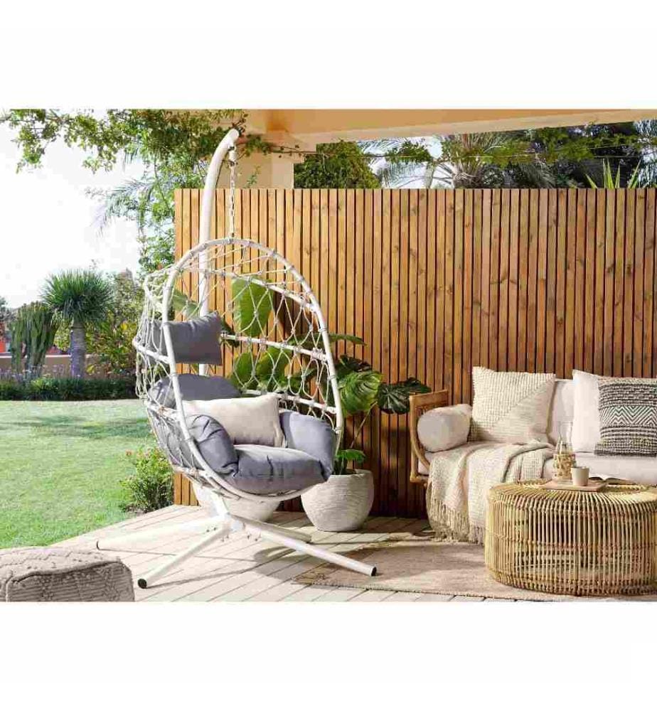Chaise Suspendue en Forme Oeuf Blanc avec Support et Coussin Accessoire Détente Salon Bohème Scandinave