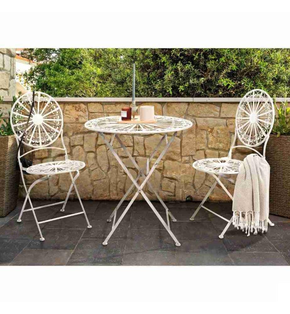 Chaises de Bistrot Blanc Cassé en Métal Revêtu de Poudre Résistant aux UV Pliables de Style Rétro Compact Balcon Terrasse Jardin Lot de 2