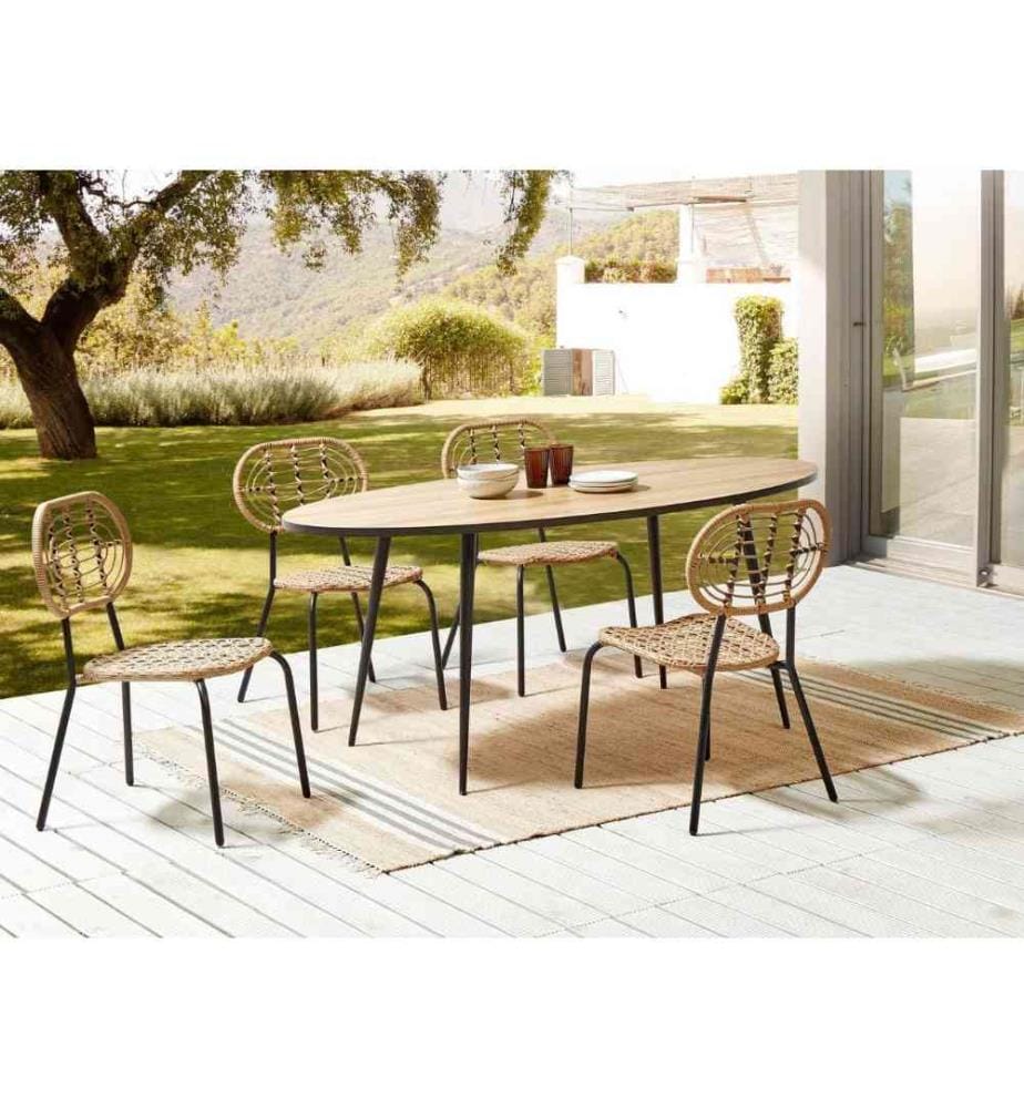 Set de 2 Chaises d'Extérieur en Polyrotin Naturel Tressé Cadre en Acier Noir pour Jardin et Terrasse Design Boho