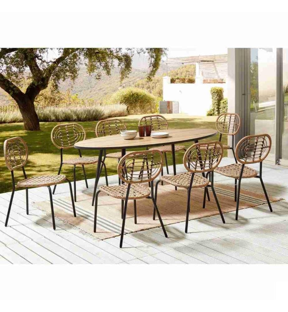 Set de 8 Chaises d'Extérieur en Polyrotin Naturel Tressé Cadre en Acier Noir pour Jardin et Terrasse Design Boho