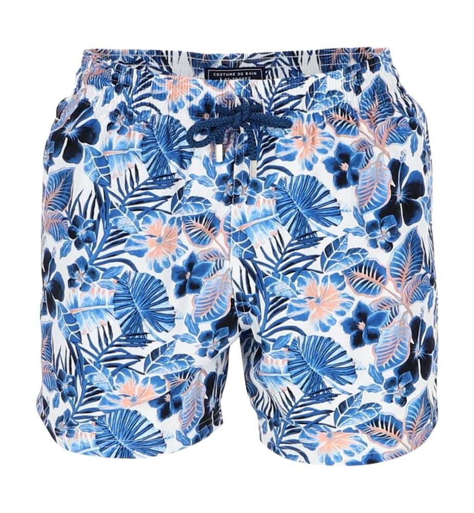 Short de bain court extensible Island Flowers - Blanc & Blanc